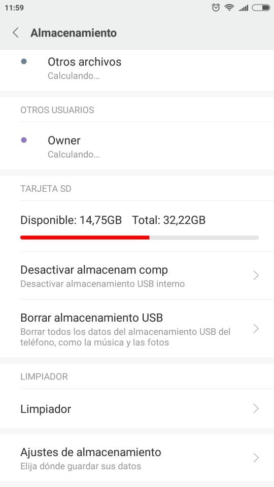 ajustes almacenamiento
